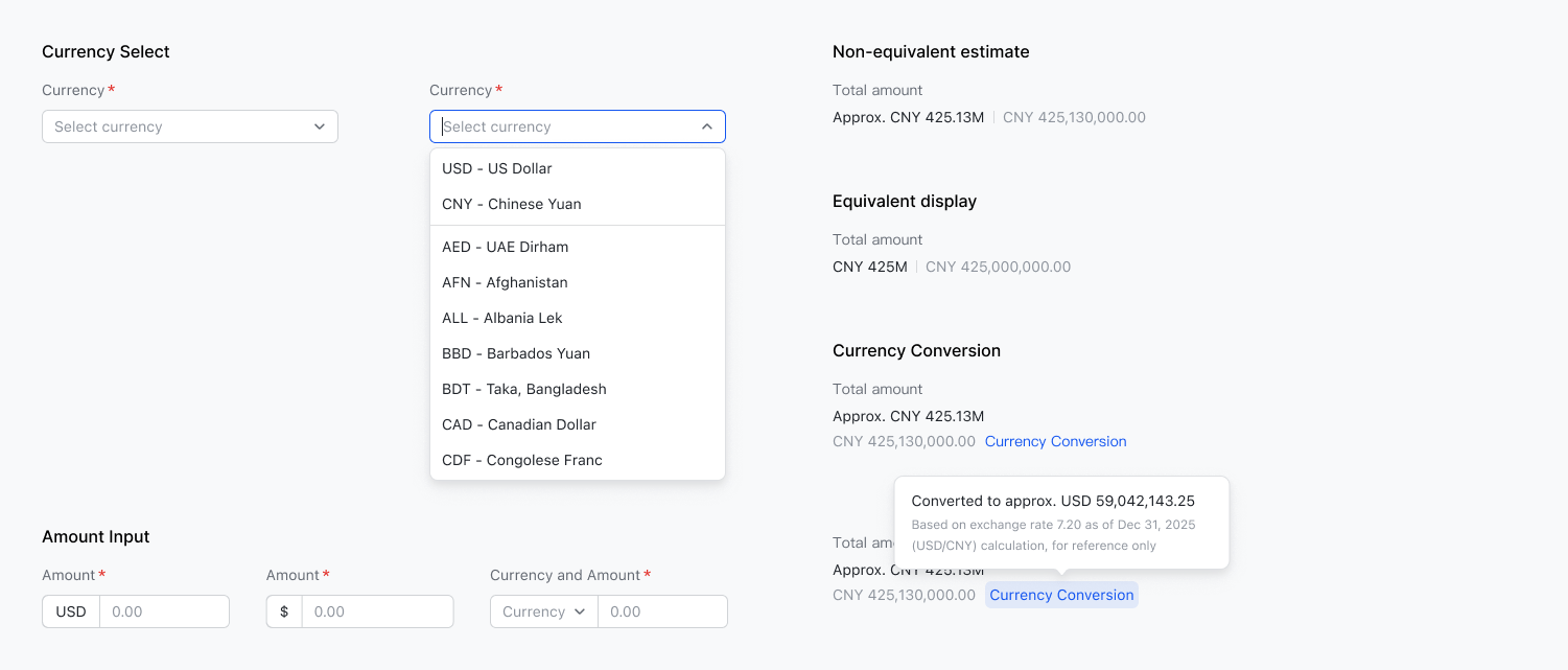 Core UI components: amount input, currency selector, large amount abbreviation