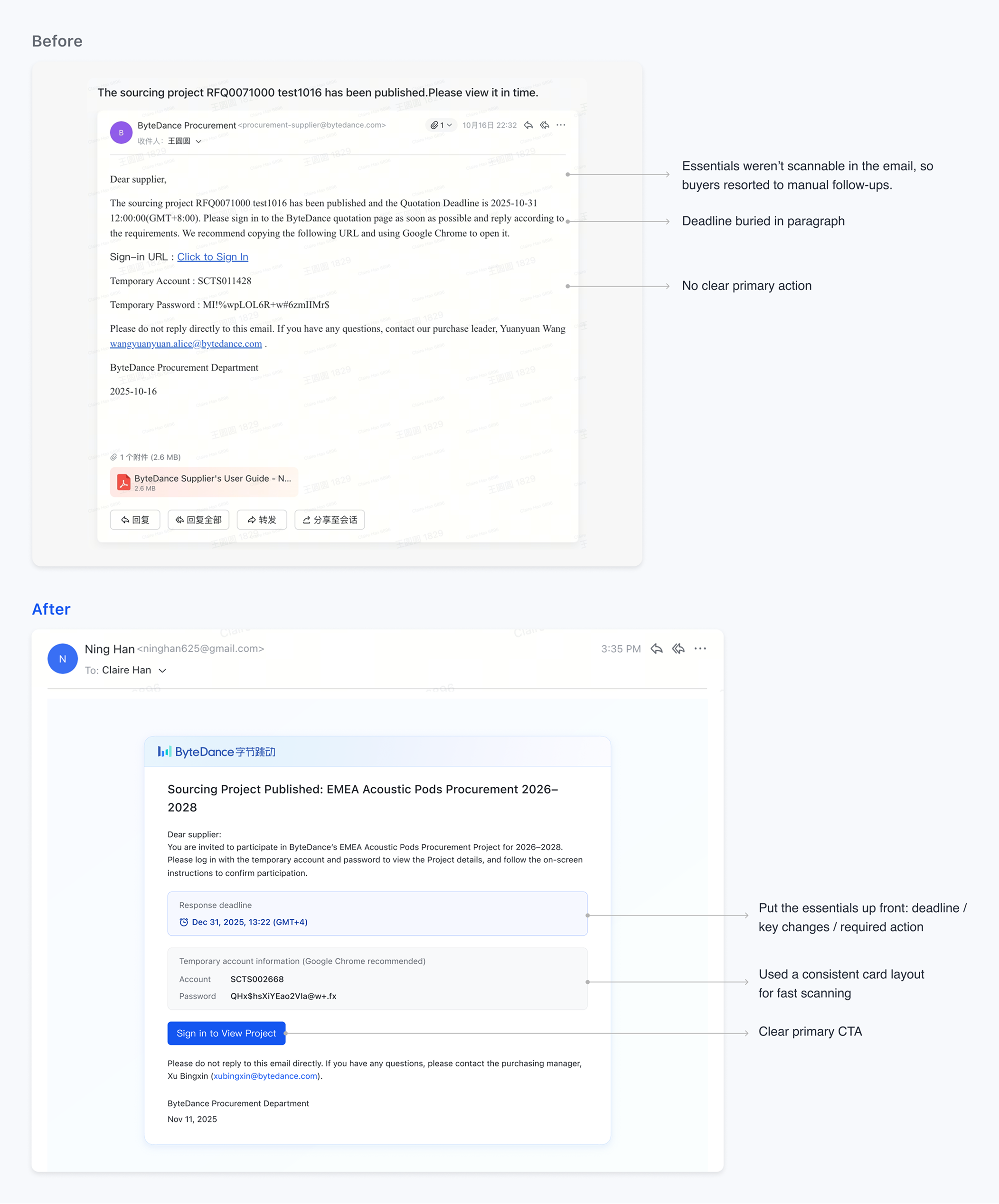 New vs. old email redesign