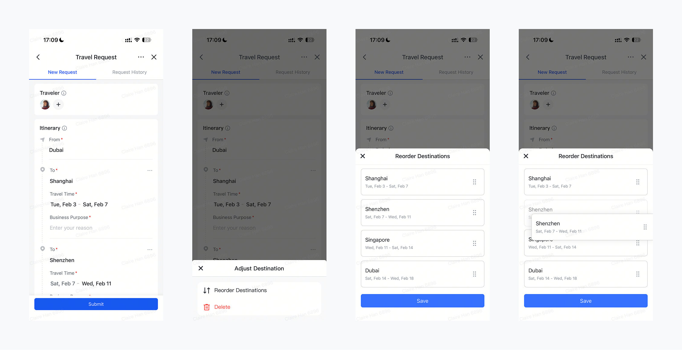 Drag-and-drop itinerary cards for reordering trip segments