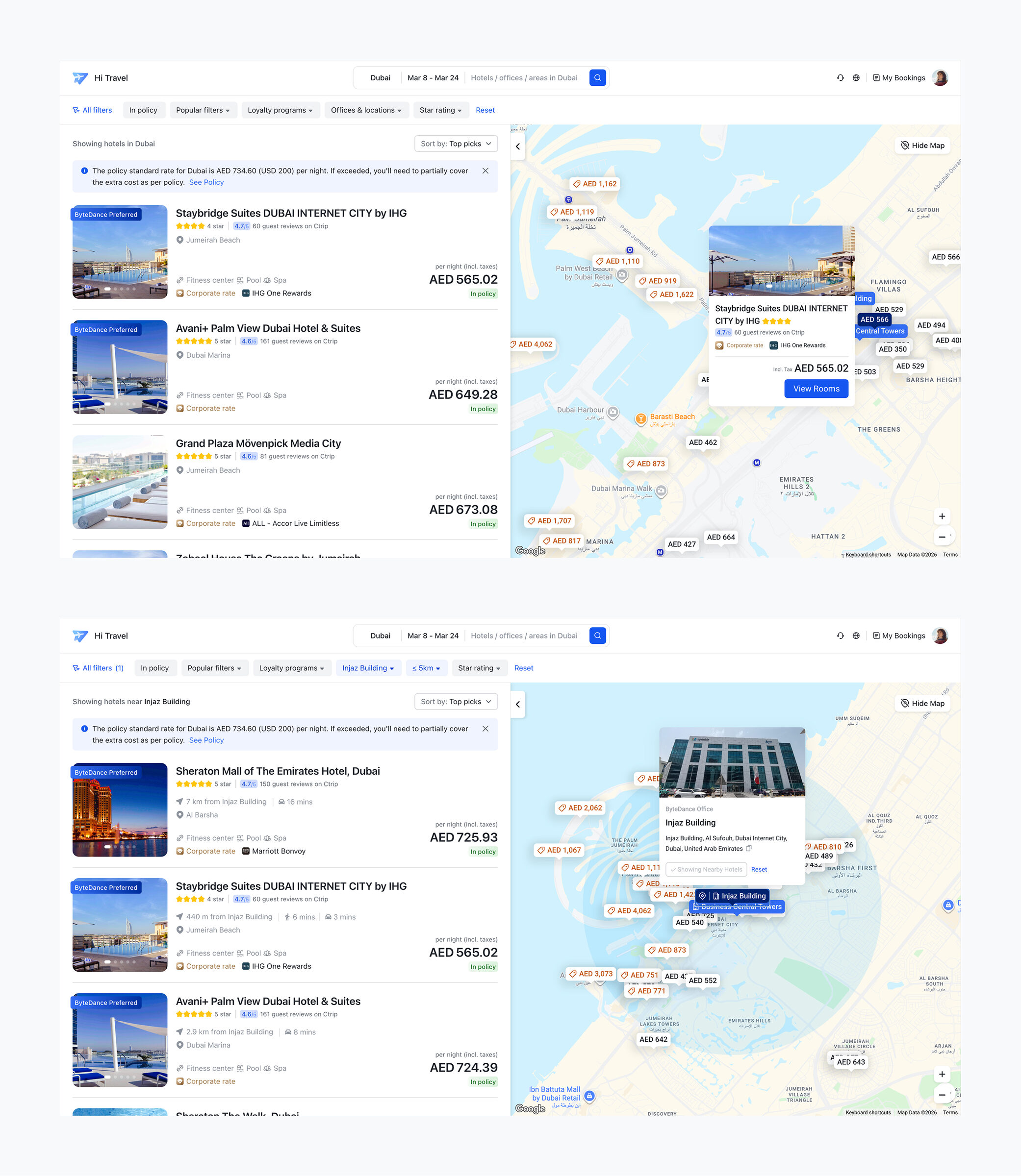 Map and list together in the hotel booking flow