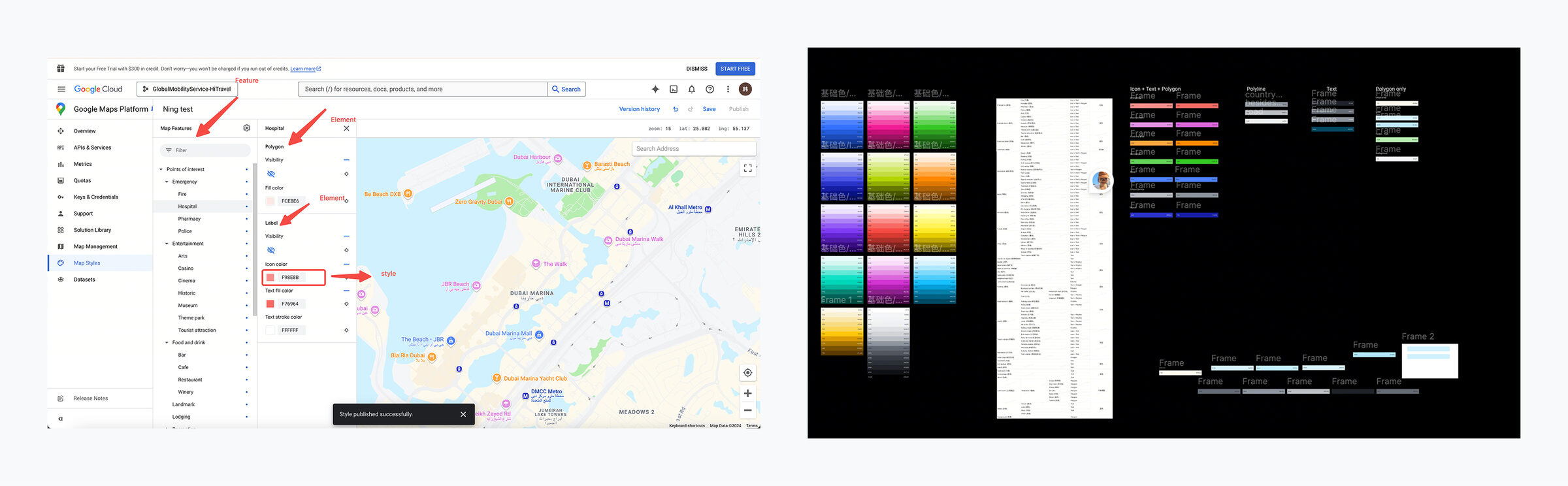 Color palette mapping for map elements